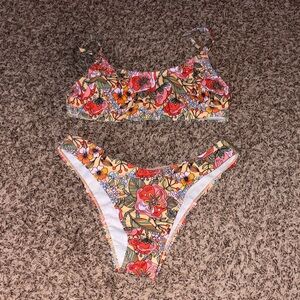 Padded Floral Bikini Set - Red and Orange